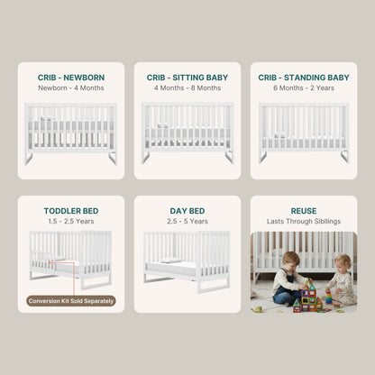Six panels display the dadada baby Austin Convertible Crib evolving: as a crib for newborns, then adapting for sitting, standing, toddler bed, day bed modes, and finally siblings playing together.