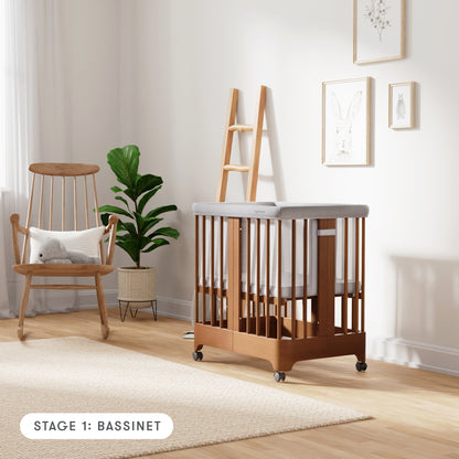 Chestnut color Newton Nest Convertible Crib in bassinet setting with mesh liner, in nursery next to rocking chair, with text "Stage 1: Bassinet"