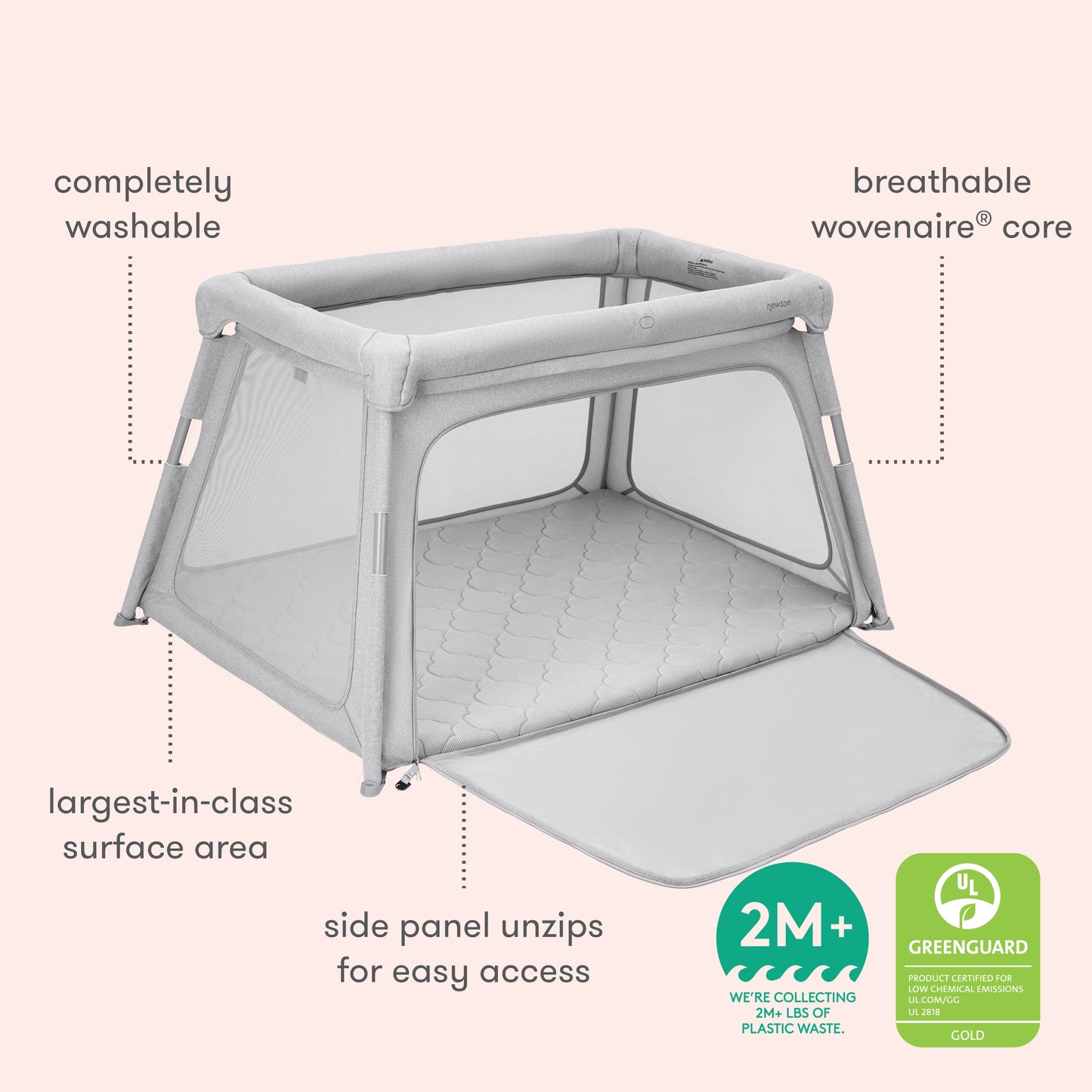 The Newton Baby Deluxe Travel Crib & Play Yard features light gray mesh sides, a zippered panel, and a breathable mattress. It boasts washable fabric, a woven core, large area, GREENGUARD Gold certification, and suits ages 2 months+.