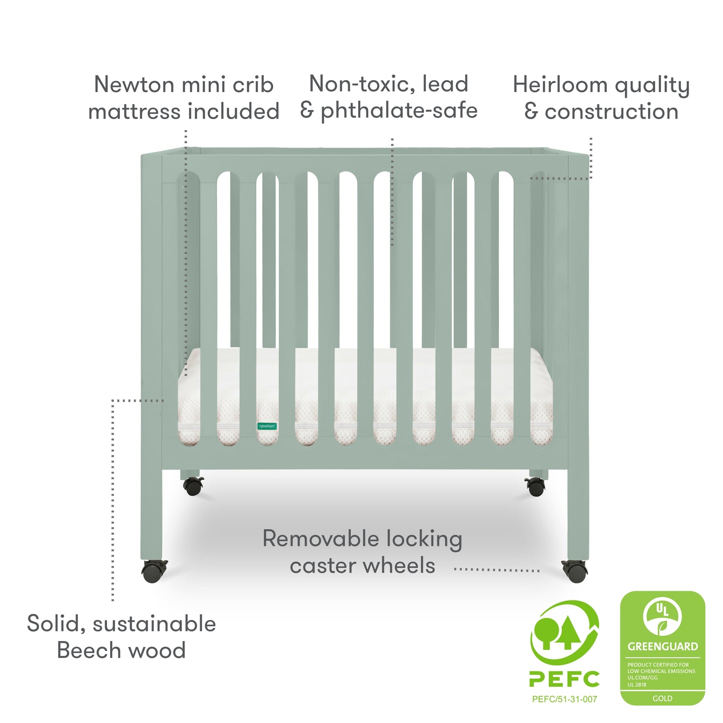 The Newton Galileo Mini Crib with Newton Mattress by Newton Baby is a pale green, solid beech wood crib with vertical slats, locking caster wheels for portability, and a white mattress. Made from non-toxic materials; PEFC and GREENGUARD certified.