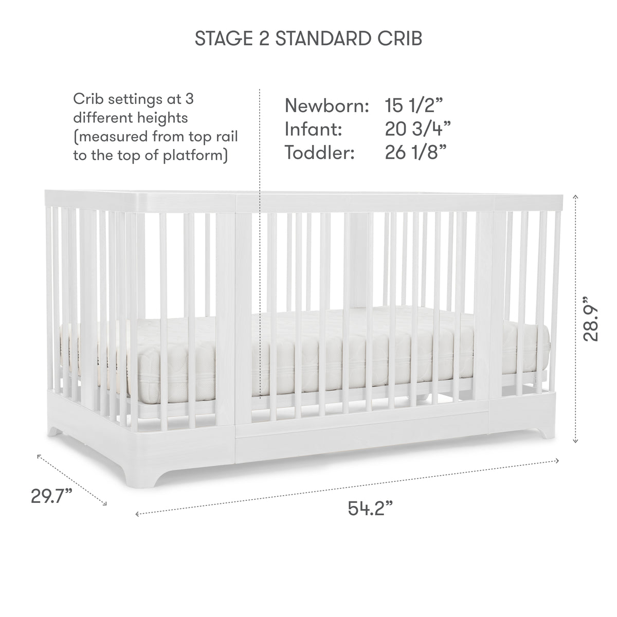 The Newton Baby Newton Nest Convertible Crib features a classic white design with slatted sides and is pictured with a mattress. GREENGUARD Gold certified for improved nursery air quality, it measures 54.2″ long, 29.7″ wide, and 28.9″ high. The crib offers adjustable mattress heights at 15.5″ (newborn), 20.75″ (infant), and 26.125″ (toddler). Its convenient 4-in-1 convertible design allows it to transition from a crib to a toddler bed and more as your child grows.