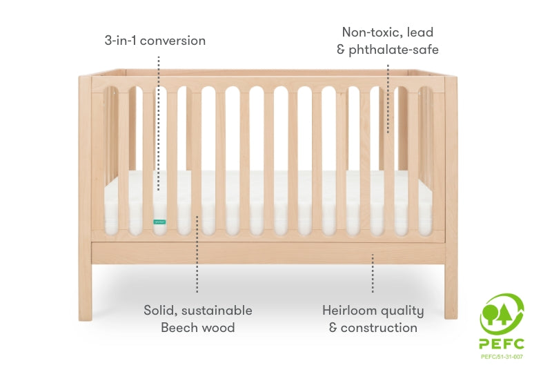 A wooden baby crib labeled with features: "3-in-1 conversion," "Non-toxic, lead & phthalate-safe," "Solid, sustainable Beech wood," and "Heirloom quality & construction," with a PEFC certification logo.
