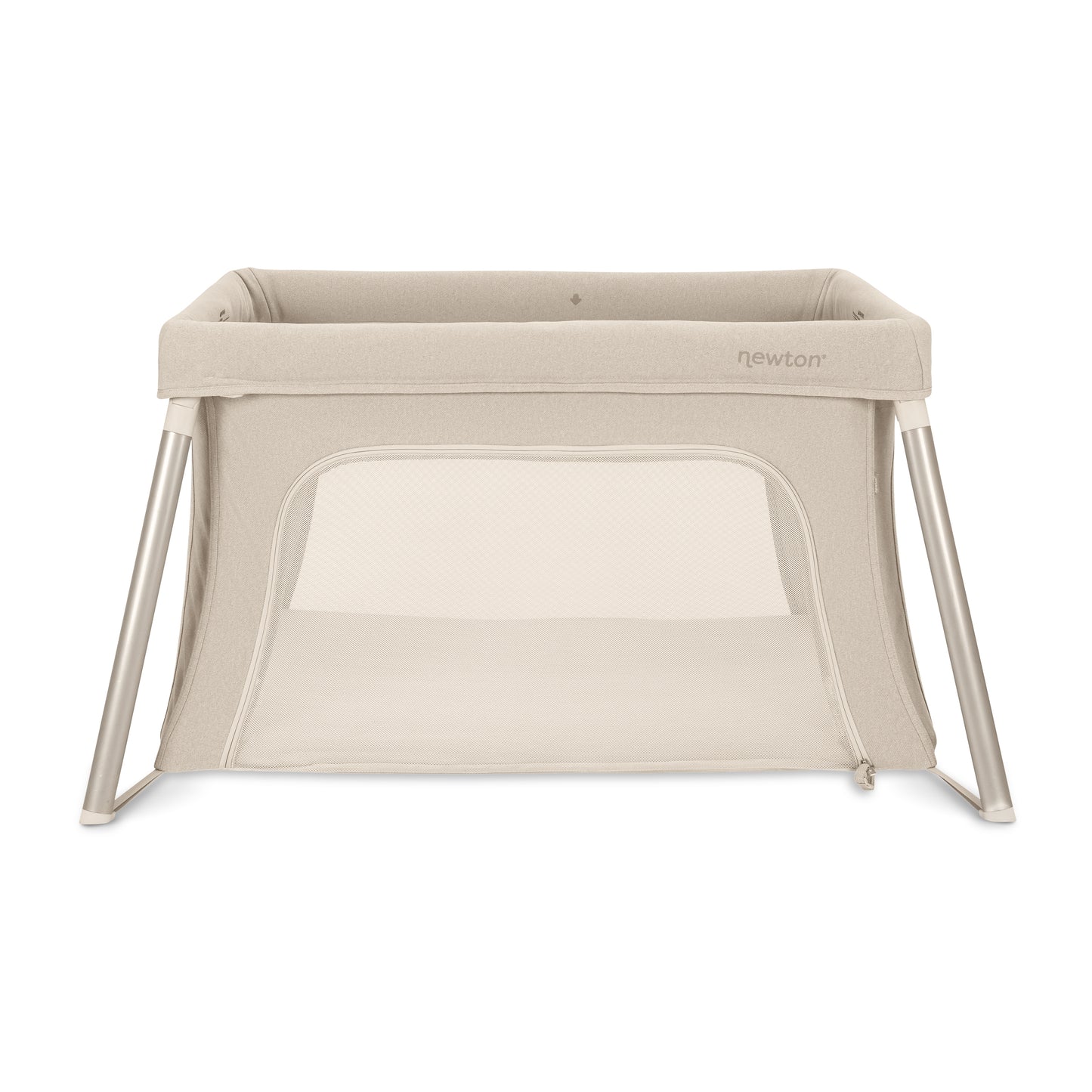 The Newton Baby Compact Travel Crib & Play Yard is a beige portable play yard with mesh sides, metal legs, a zippered side panel, washable mattress, and compact design for travel. The Newton brand name appears on the upper front edge.