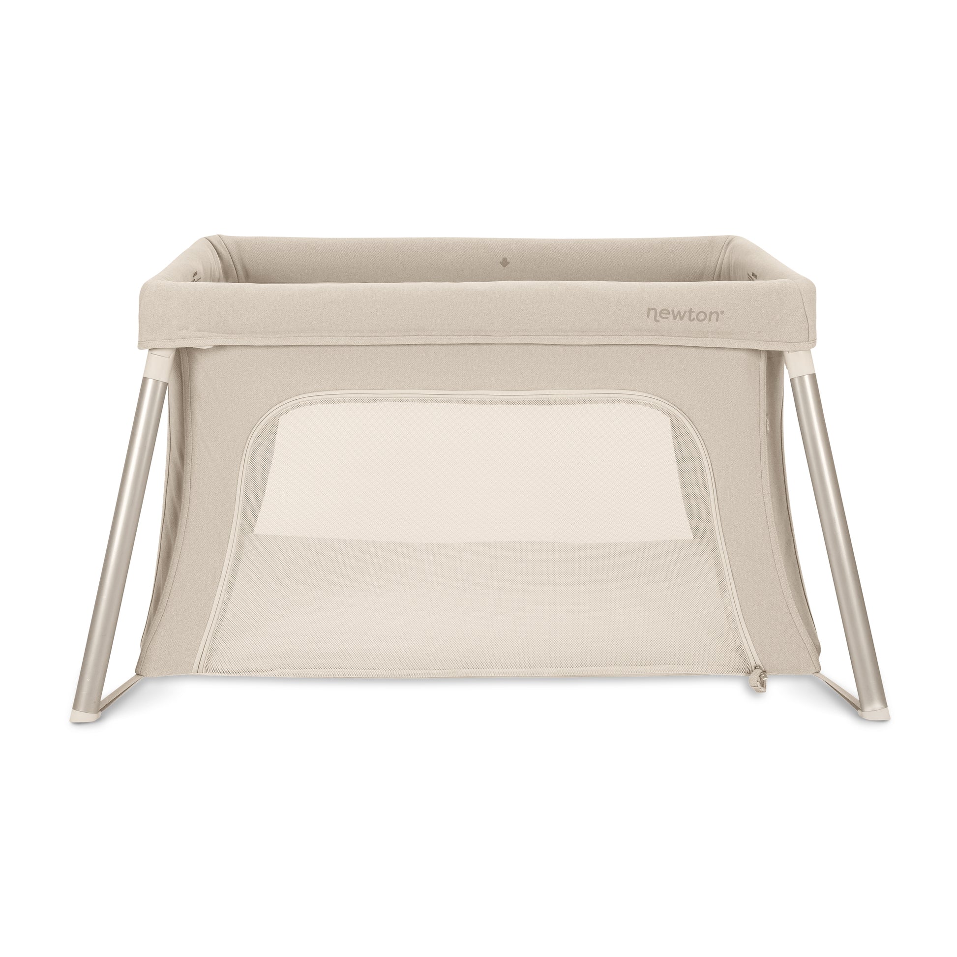 The Newton Baby Compact Travel Crib & Play Yard is a beige portable play yard with mesh sides, metal legs, a zippered side panel, washable mattress, and compact design for travel. The Newton brand name appears on the upper front edge.