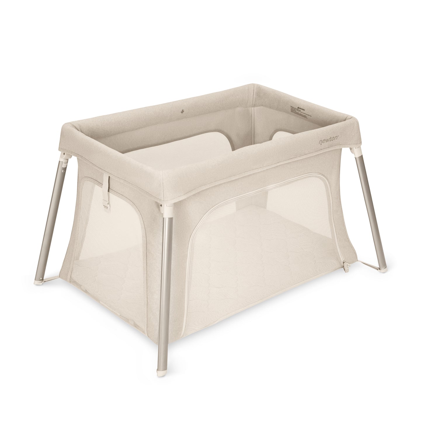 The Newton Baby Compact Travel Crib & Play Yard is a beige, rectangular crib with mesh sides, a washable mattress, and sturdy silver legs, shown on a white background.