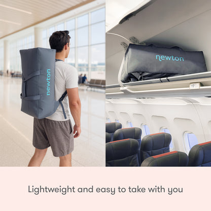 Split image: Left, a man at an airport carries a gray Newton Baby Compact Travel Crib & Play Yard. Right, the bag fits easily in an airplane’s overhead bin—ideal for travel. Caption: “Lightweight and easy to take with you.”.