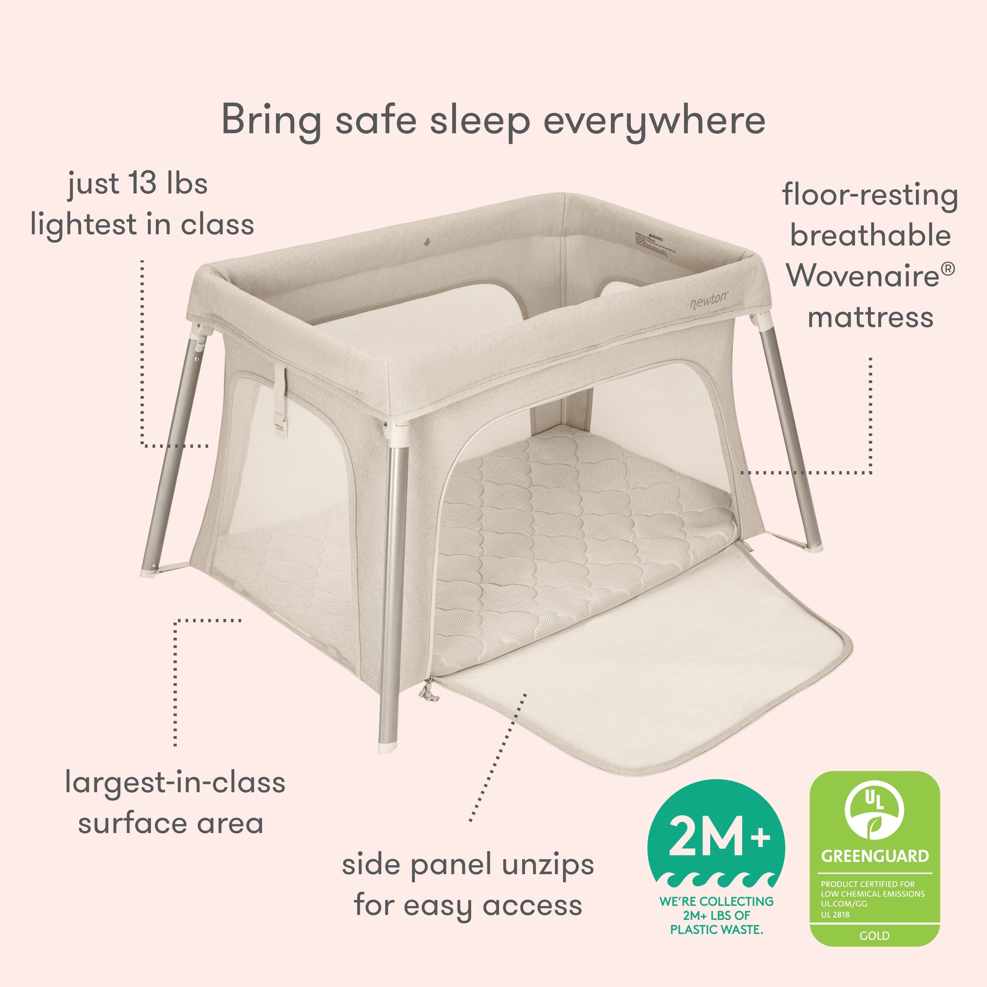 The Newton Baby Compact Travel Crib & Play Yard is shown in beige, with mesh sides and a zippered panel. Text highlights its 13-lb lightweight design, breathable mattress, roomy interior, easy-access side, for 2+ months & GREENGUARD Gold certified.