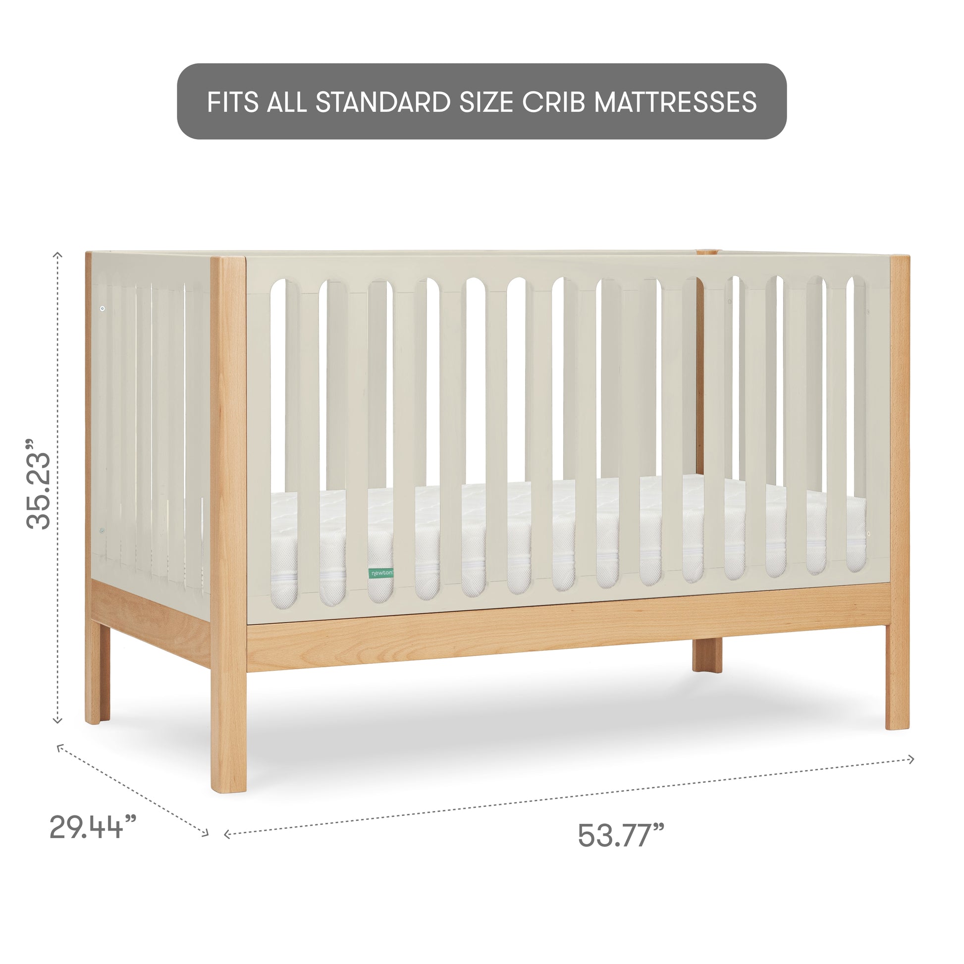 The Newton Baby Galileo Convertible Crib is shown in beech wood with light slats and a natural frame, measuring 35.23"H x 29.44"W x 53.77"L. Fits all standard crib mattresses; compatible with a toddler bed conversion kit.