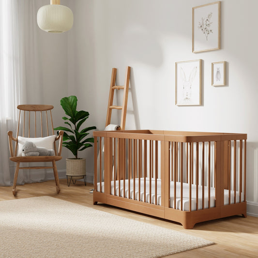 A modern nursery with the GREENGUARD Gold certified Newton Baby Newton Nest Convertible Crib, a cushioned wooden chair, potted plant, ladder shelf, and animal art. Light walls, a rug, and sunlight create a cozy atmosphere.
