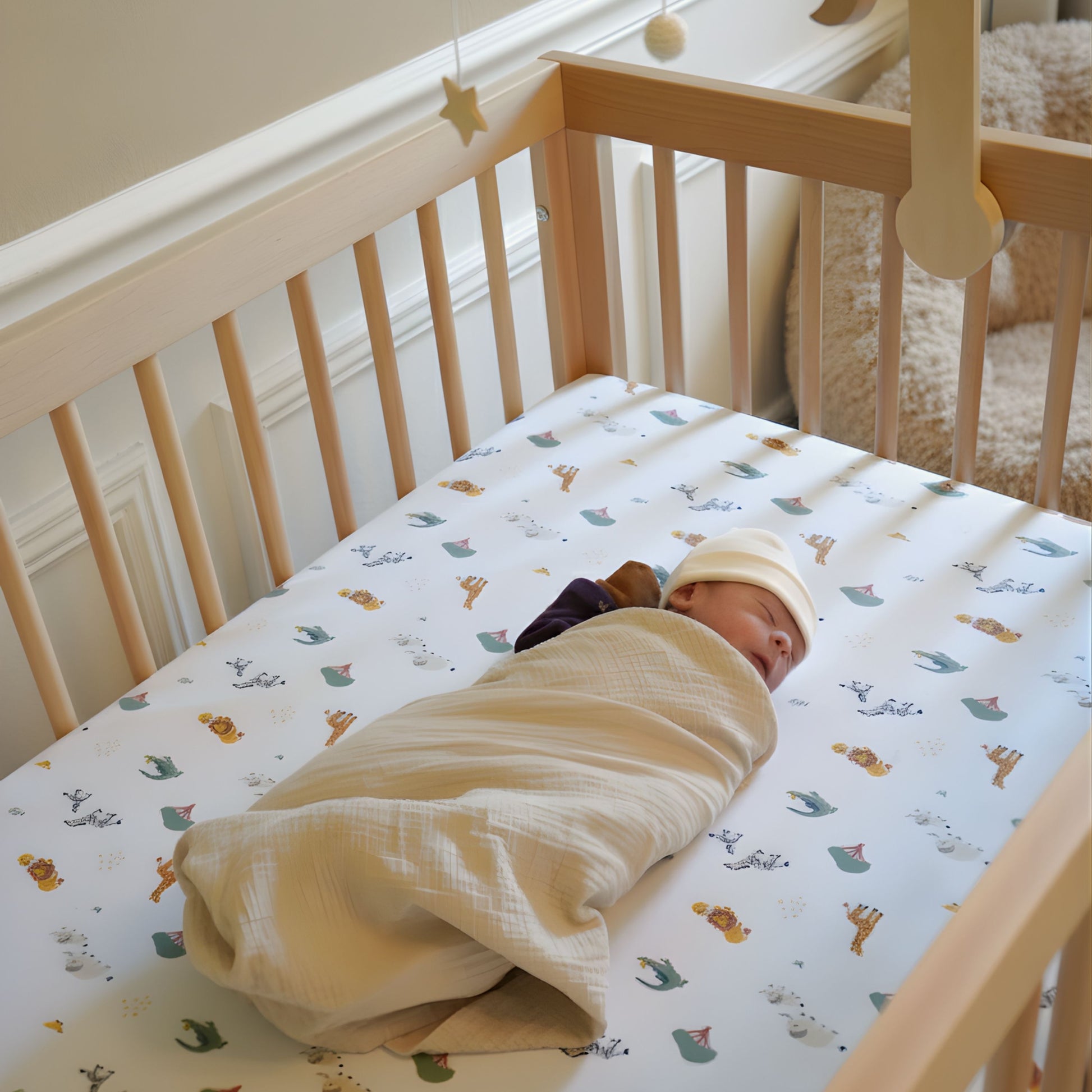 A newborn wrapped in a cream swaddle and hat sleeps in a light wooden dadada baby Soho Convertible Crib with a patterned sheet, Newton crib mattress, and a hanging mobile overhead.