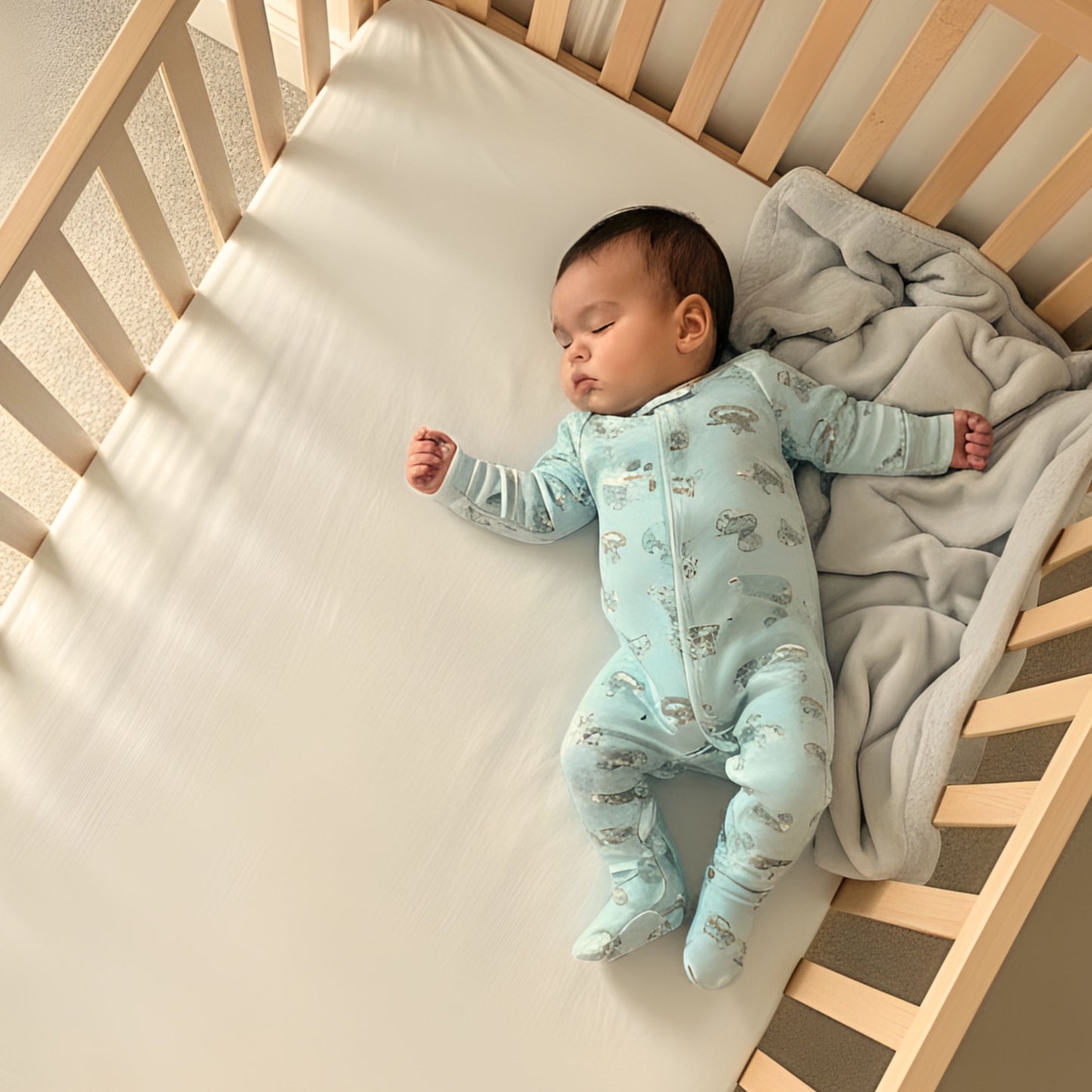 A baby sleeps peacefully on their back in a dadada baby Austin Convertible Crib, cozy on a crib mattress with a white sheet and gray blanket, wearing a light blue patterned onesie.