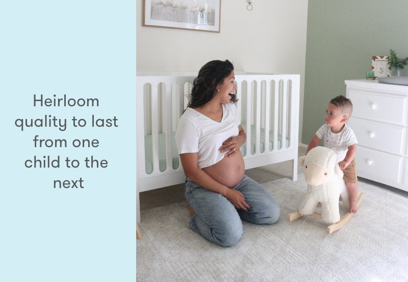 A pregnant woman kneeling smiles at a young child playing with a wooden toy in a nursery room with text stating "Heirloom quality to last from one child to the next."