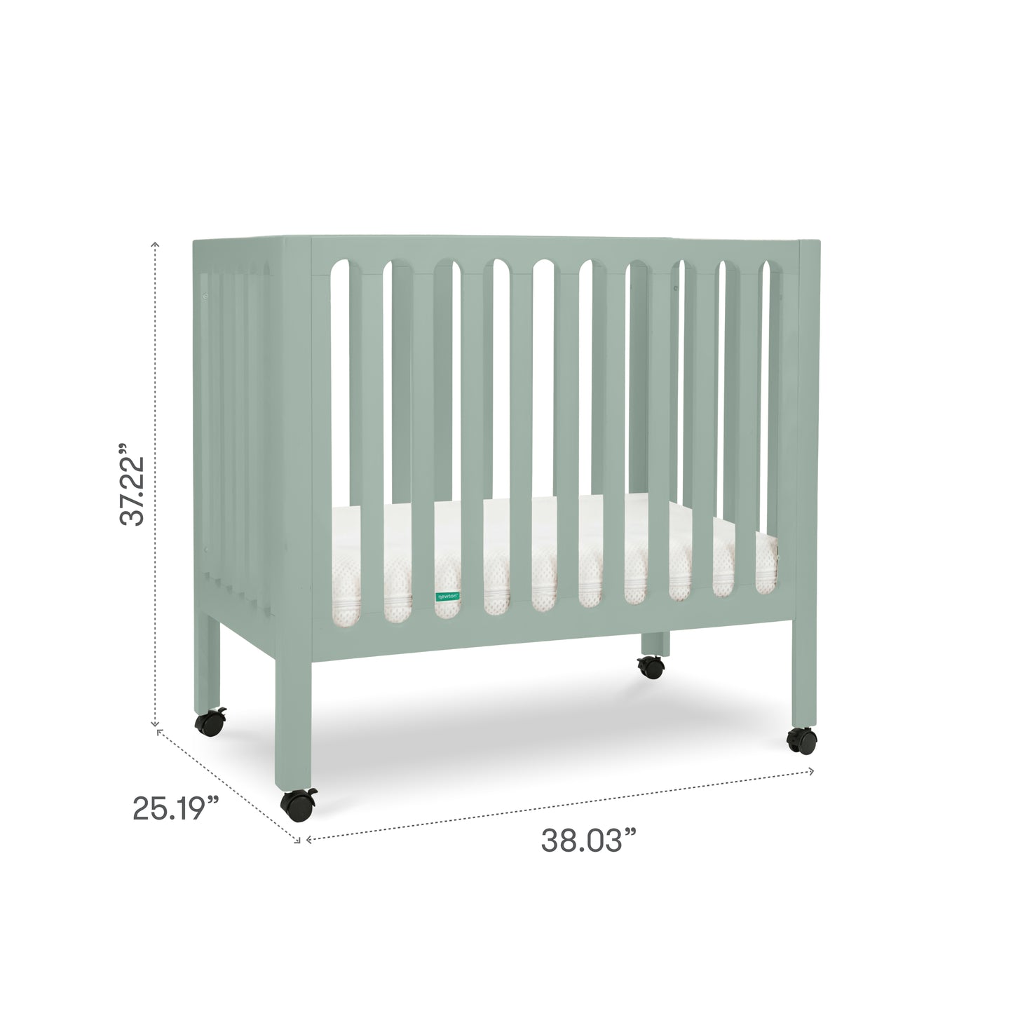 The Newton Galileo Mini Crib with Newton Mattress by Newton Baby is a light green portable crib with slatted sides, a white mattress, four black wheels, and labeled dimension lines showing it measures 37.22" tall, 25.19" deep, and 38.03" wide.