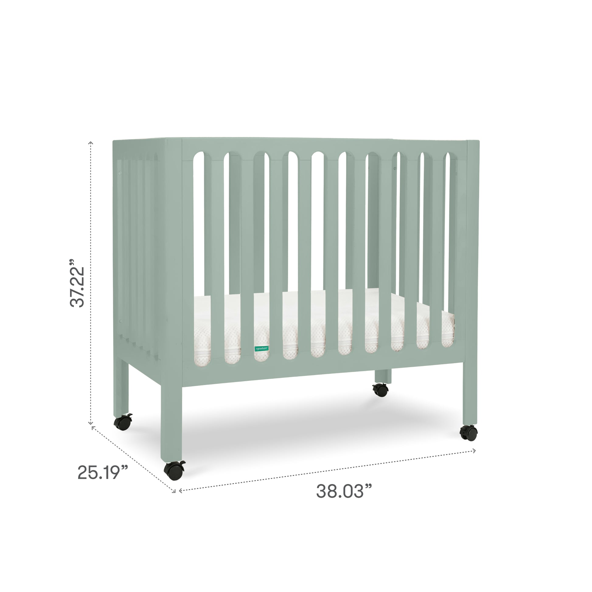 The Newton Galileo Mini Crib with Newton Mattress by Newton Baby is a light green portable crib with slatted sides, a white mattress, four black wheels, and labeled dimension lines showing it measures 37.22" tall, 25.19" deep, and 38.03" wide.