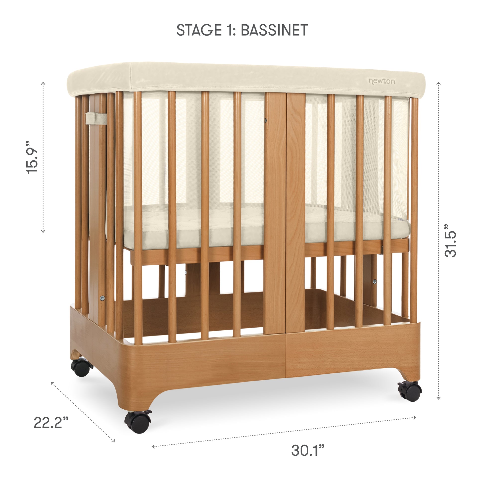 The Newton Baby Newton Nest Convertible Crib features mesh sides, a cream-colored mattress (Stage 1: Bassinet), is GREENGUARD Gold certified, measures 15.9"H (side), 31.5"T, 22.2"D, 30.1"W, and has wheels for easy movement.
