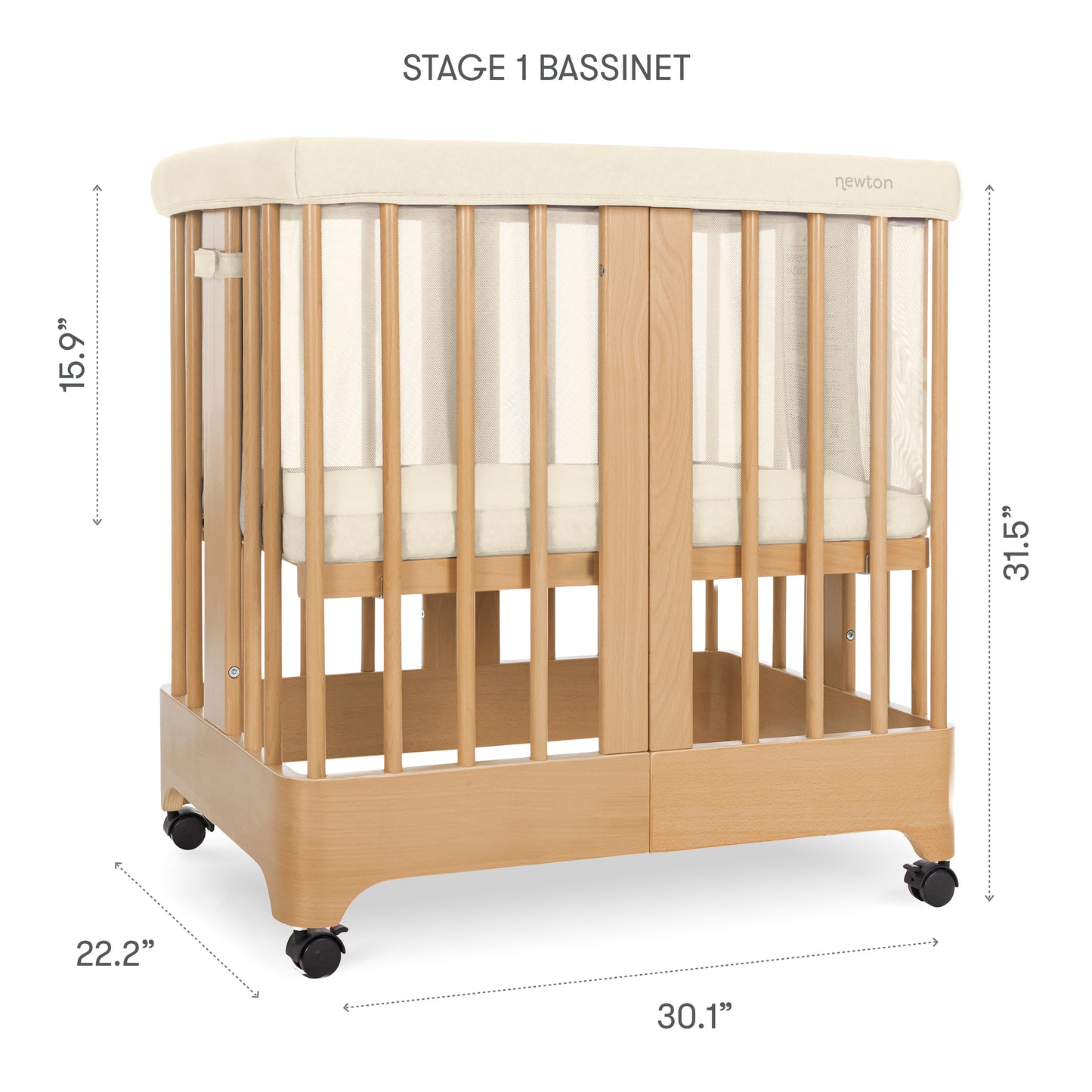 The Newton Baby Newton Nest Convertible Crib is a GREENGUARD Gold certified crib with cream padding, labeled Stage 1 Bassinet. It measures 31.5" x 30.1" x 22.2", stands 15.9" tall at the sides, and has wheels for convenient movement.