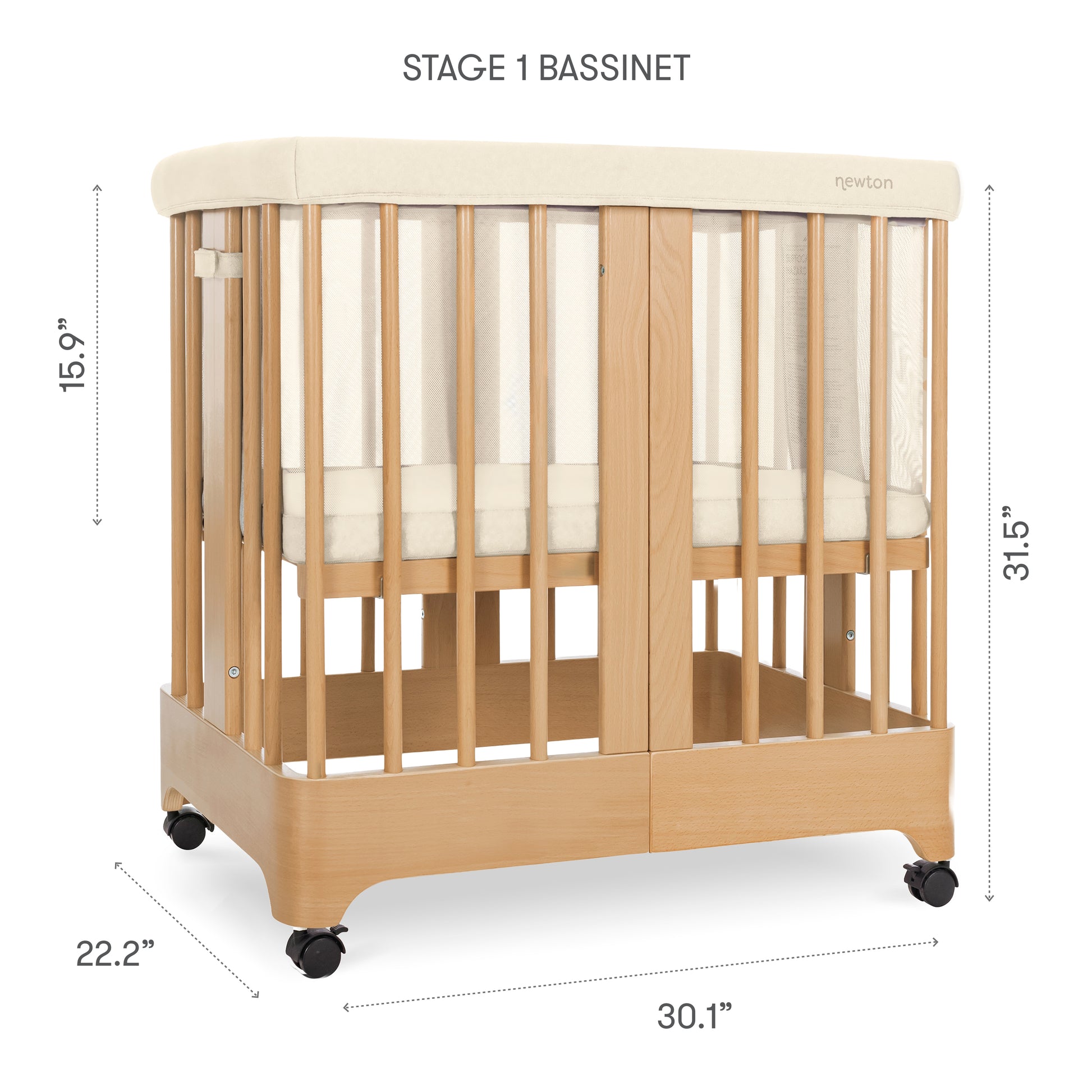 The Newton Baby Newton Nest Convertible Crib is a GREENGUARD Gold certified crib with cream padding, labeled Stage 1 Bassinet. It measures 31.5" x 30.1" x 22.2", stands 15.9" tall at the sides, and has wheels for convenient movement.