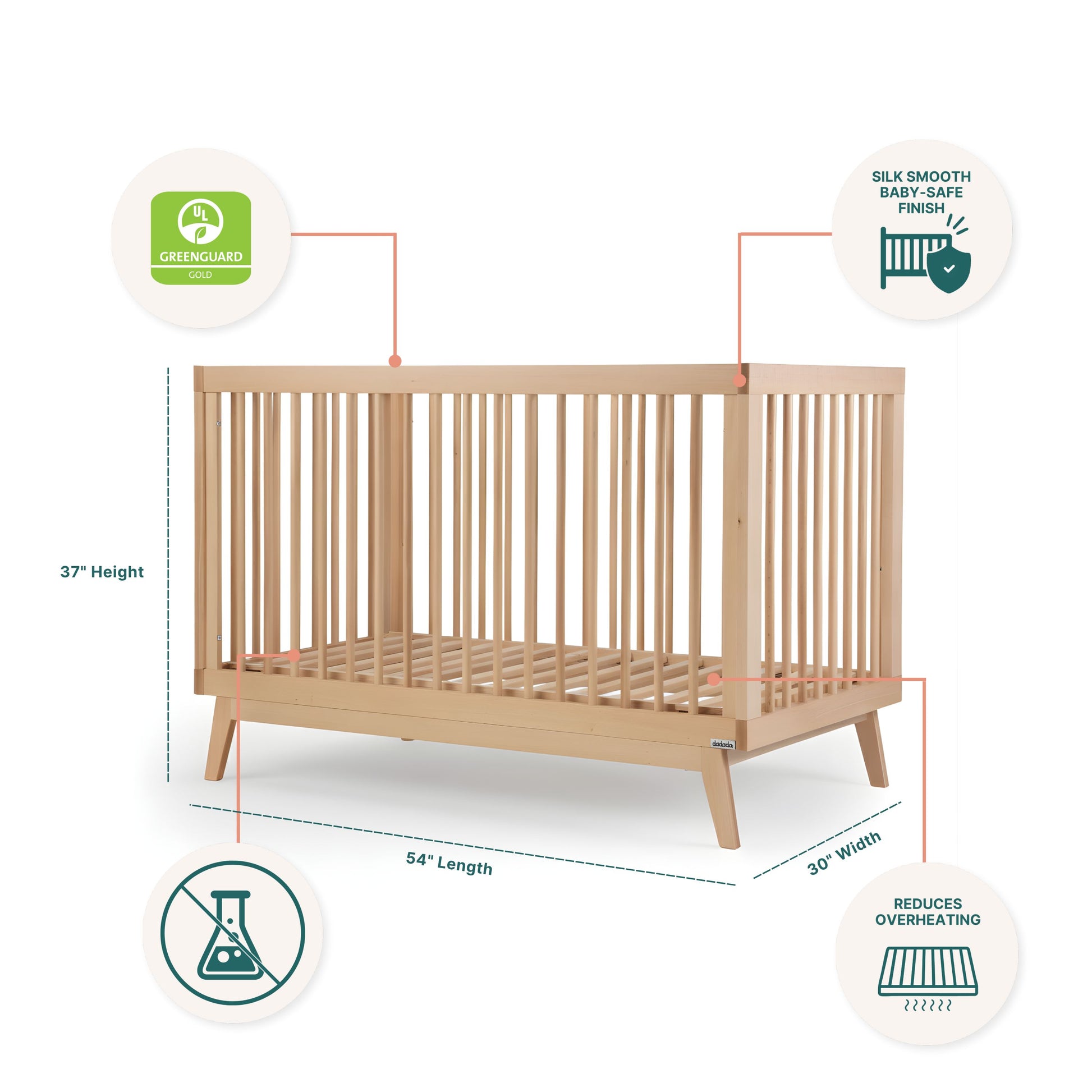 The dadada baby Soho Convertible Crib is a light wood 3-in-1 crib with slatted sides, angled legs, and mid-century style. GREENGUARD Gold certified with a smooth, safe finish; reduces overheating. Size: 37”H x 54”L x 30”W.