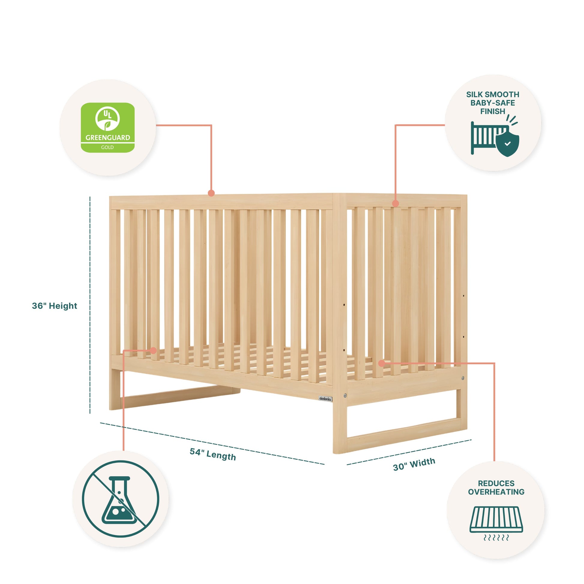 The Austin Convertible Crib by dadada baby is a light wood 3-in-1 crib with a modern design, made from sustainable beechwood. It’s GREENGUARD Gold certified, features a silk-smooth baby-safe finish, chemical-free materials, and reduces overheating.