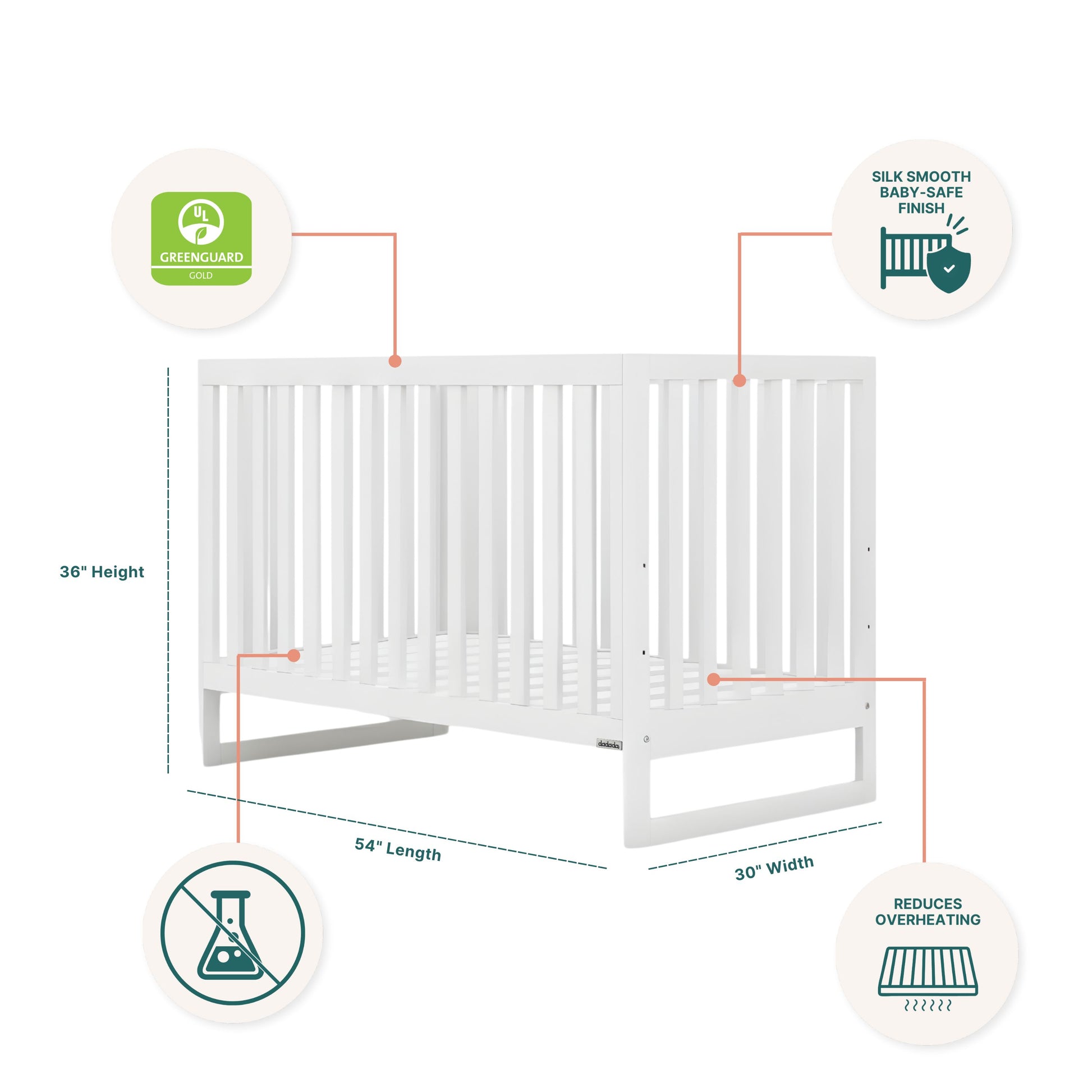 The Austin Convertible Crib by dadada baby is a white crib crafted from sustainable beechwood, GREENGUARD Gold certified, with a silk-smooth baby-safe finish, chemical-free materials, and measures 36”H x 54”L x 30”W.