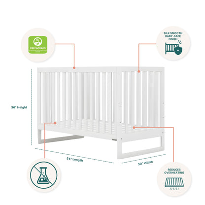 The Austin Convertible Crib by dadada baby is a white crib crafted from sustainable beechwood, GREENGUARD Gold certified, with a silk-smooth baby-safe finish, chemical-free materials, and measures 36”H x 54”L x 30”W.