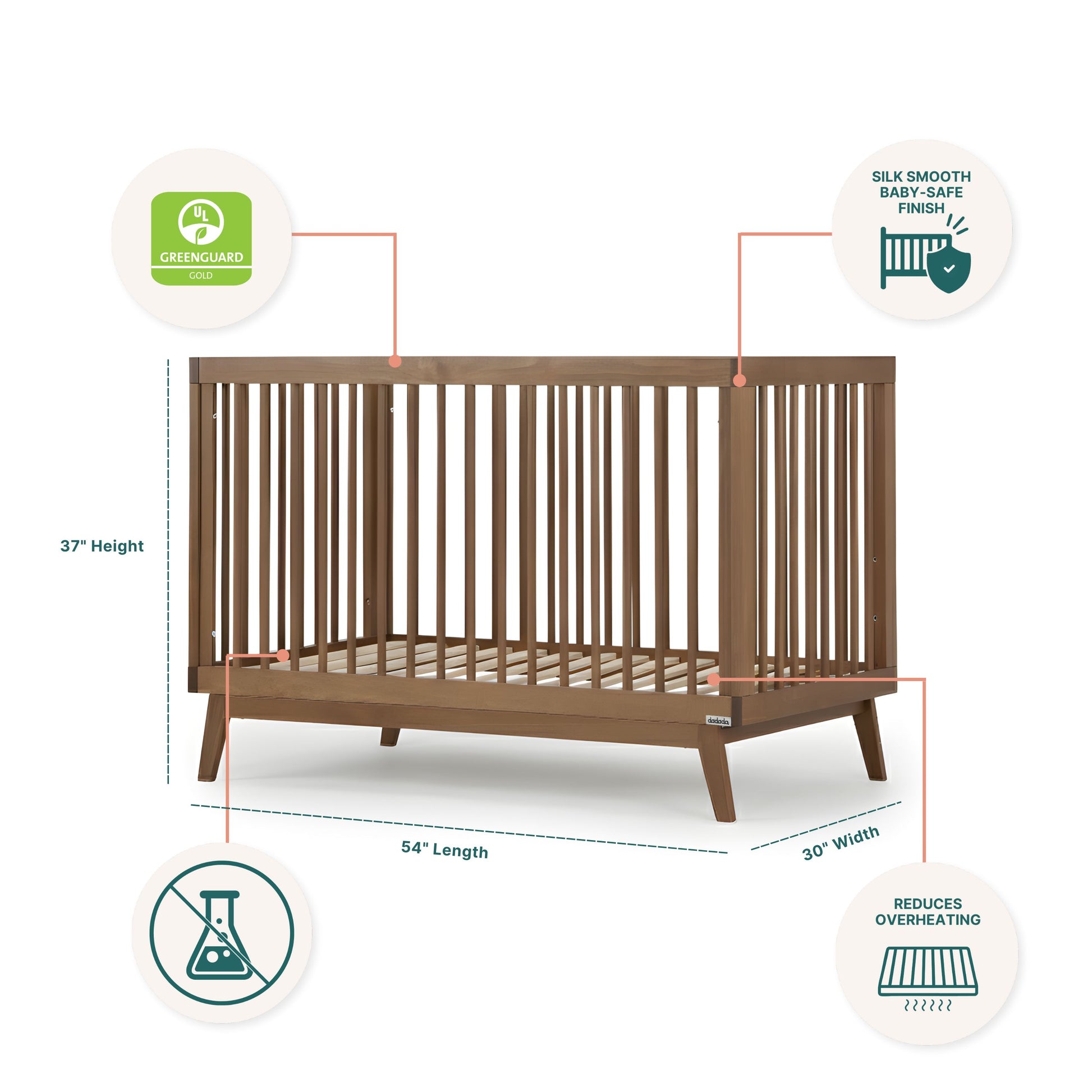 The dadada baby Soho Convertible Crib is a wooden 3-in-1 crib with slatted sides, GREENGUARD Gold Certified, featuring a silk-smooth baby-safe finish, reduces overheating, and contains no harmful chemicals. Dimensions: 37"H x 54"L x 30"W.