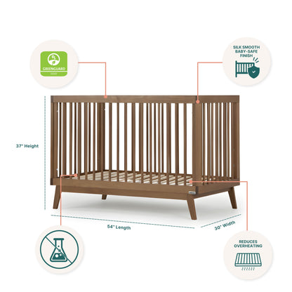 The dadada baby Soho Convertible Crib is a wooden 3-in-1 crib with slatted sides, GREENGUARD Gold Certified, featuring a silk-smooth baby-safe finish, reduces overheating, and contains no harmful chemicals. Dimensions: 37"H x 54"L x 30"W.