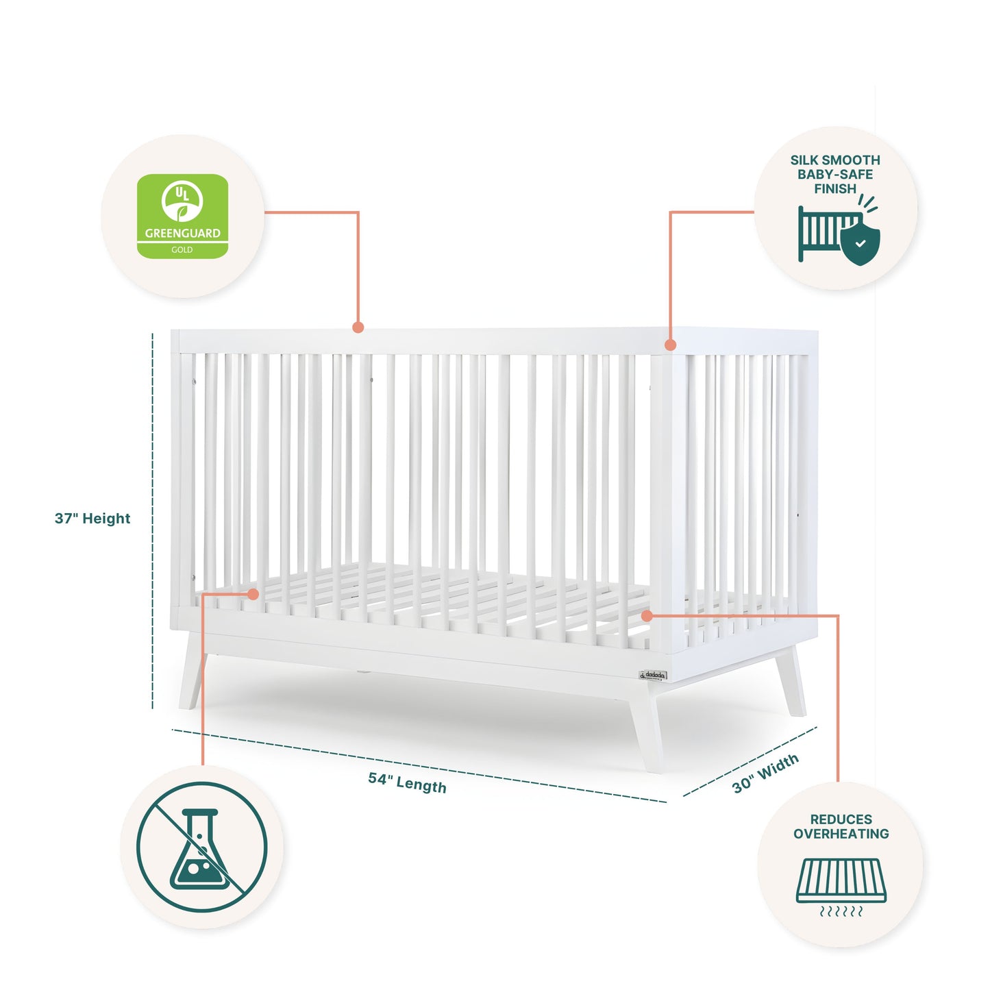 The dadada baby Soho Convertible Crib is a white 3-in-1 crib with GREENGUARD Gold certification, non-toxic materials, and a silk-smooth finish. Its slatted sides reduce overheating. Dimensions: 37H x 54L x 30W. Pairs perfectly with a Newton crib mattress.