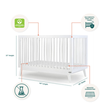 The dadada baby Soho Convertible Crib is a white 3-in-1 crib with GREENGUARD Gold certification, non-toxic materials, and a silk-smooth finish. Its slatted sides reduce overheating. Dimensions: 37H x 54L x 30W. Pairs perfectly with a Newton crib mattress.