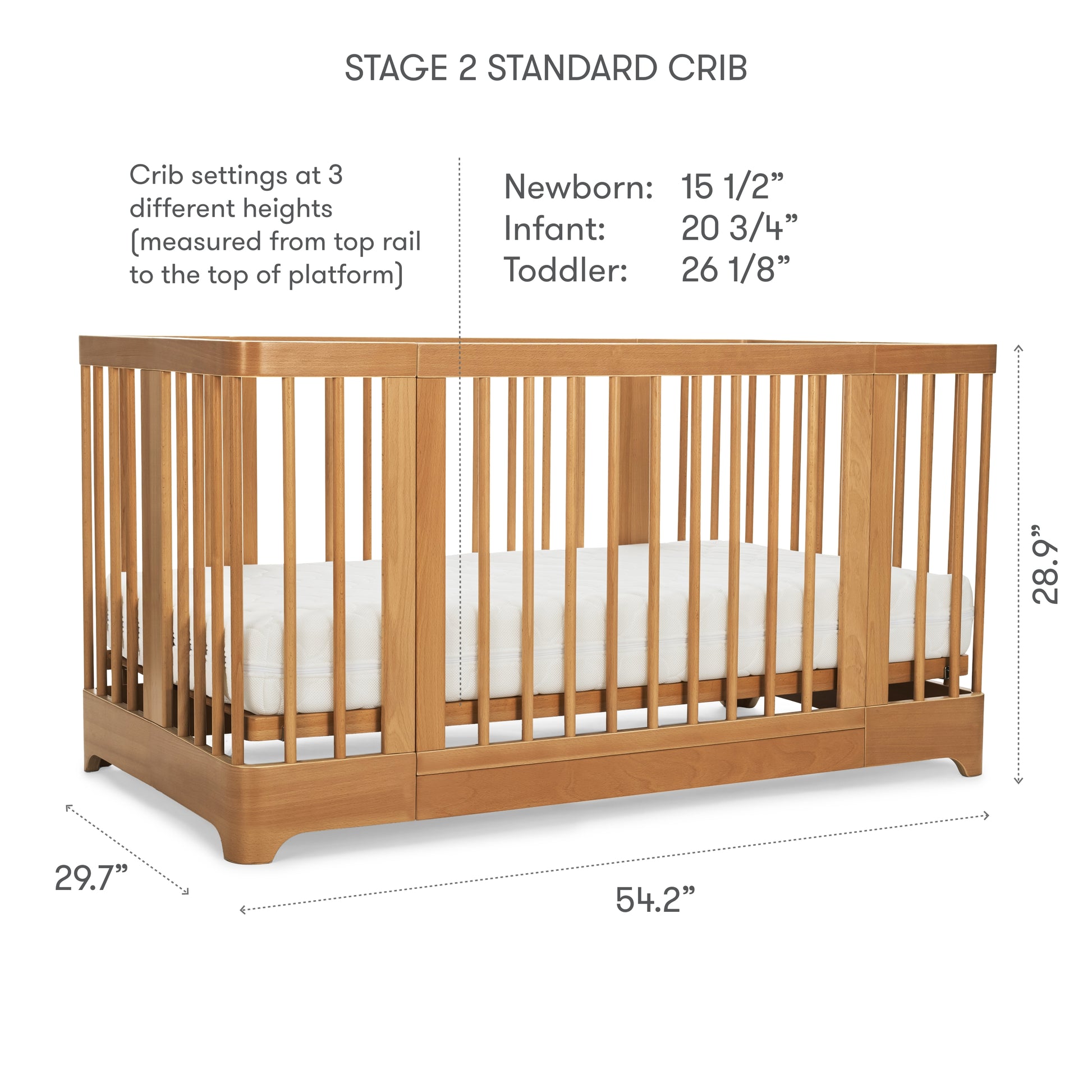 The Newton Baby Newton Nest Convertible Crib, shown with vertical slats and a white mattress, is GREENGUARD Gold certified and measures 54.2”W x 29.7”D x 28.9”H. Text displays crib mattress heights for newborn, infant, and toddler stages.