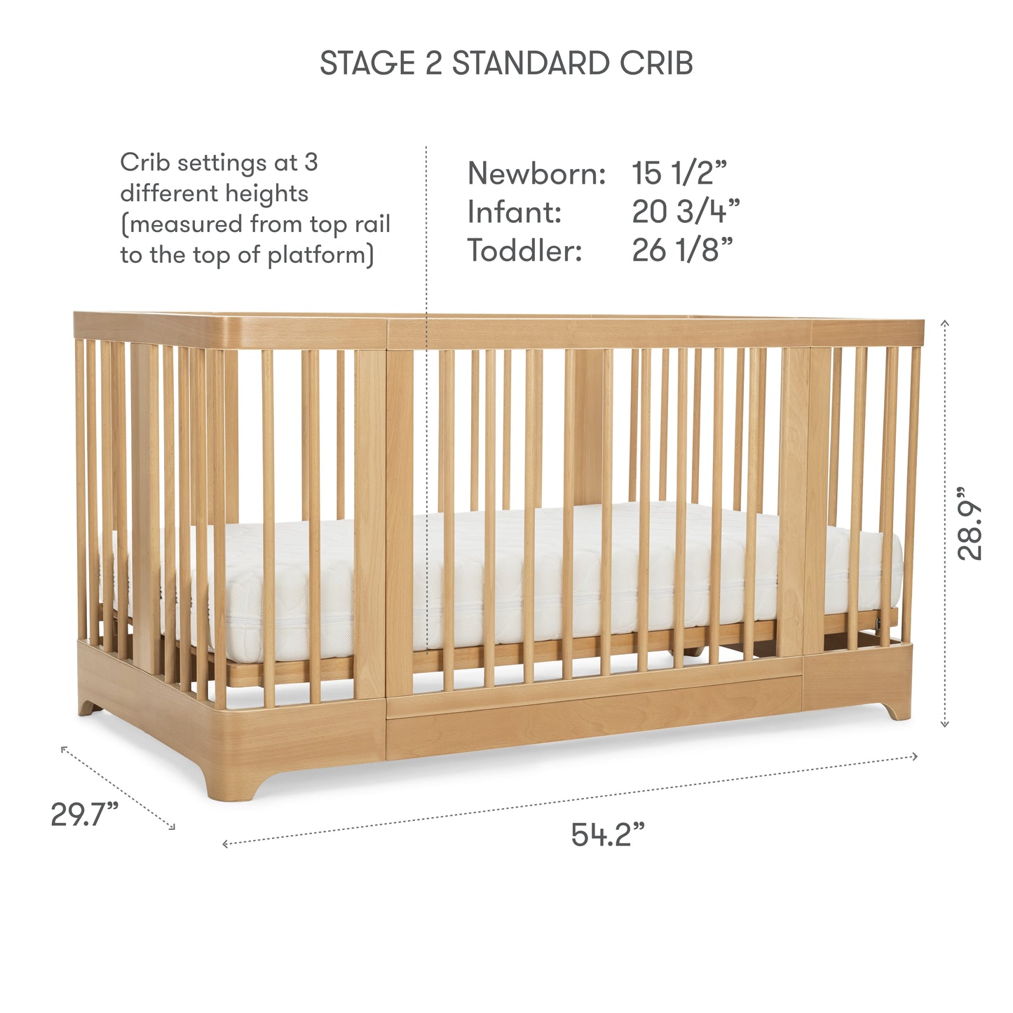 The Newton Nest Convertible Crib by Newton Baby features light wood, slatted sides, a white mattress, and GREENGUARD Gold certification. Adjustable mattress heights are 15.5", 20.75", and 26.125". Dimensions: 54.2"W x 29.7"D x 28.9"H.