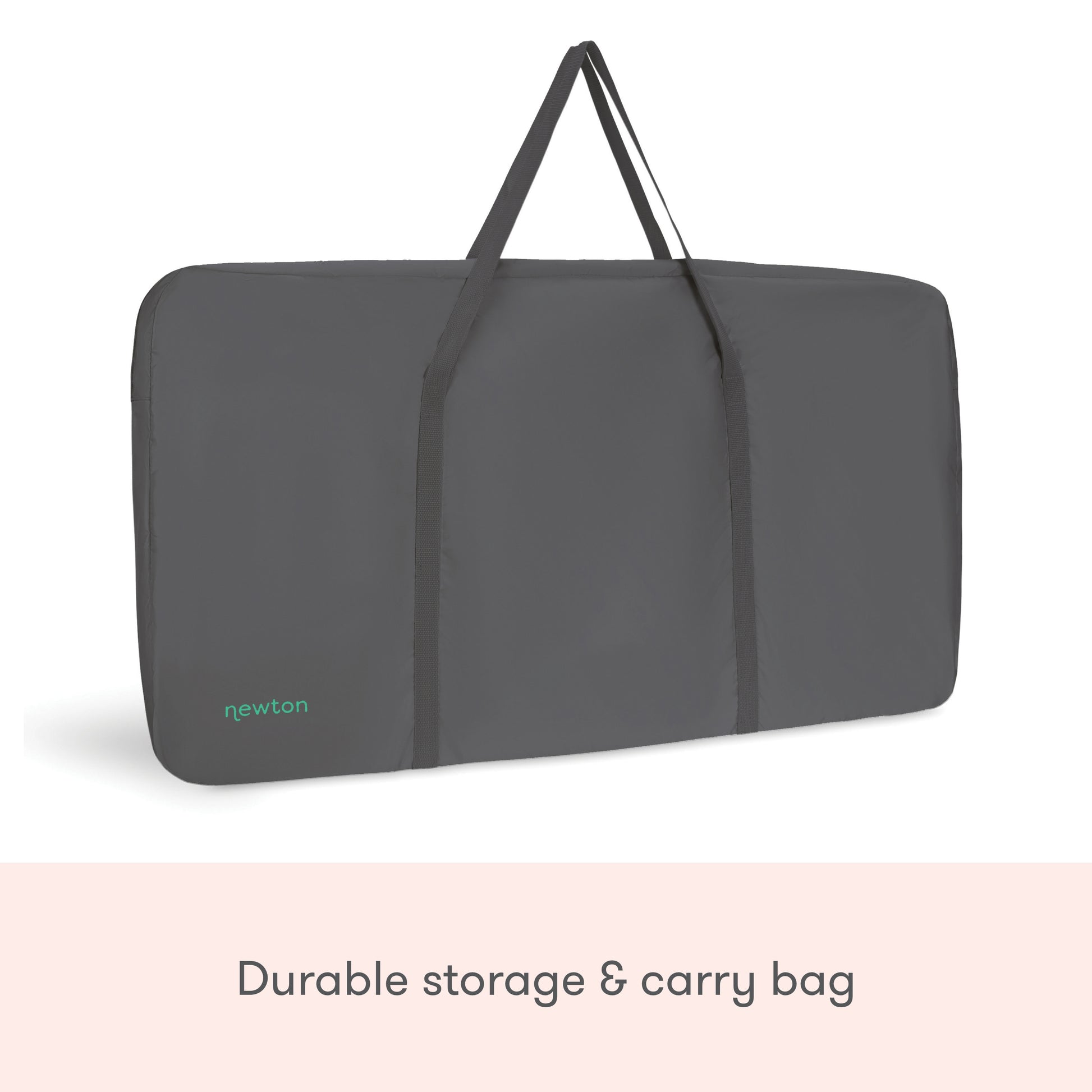 A dark gray rectangular carry bag with handles, labeled Newton Baby, designed for storage and transport of your Essential Bassinet. Text below reads: Durable storage & carry bag.
