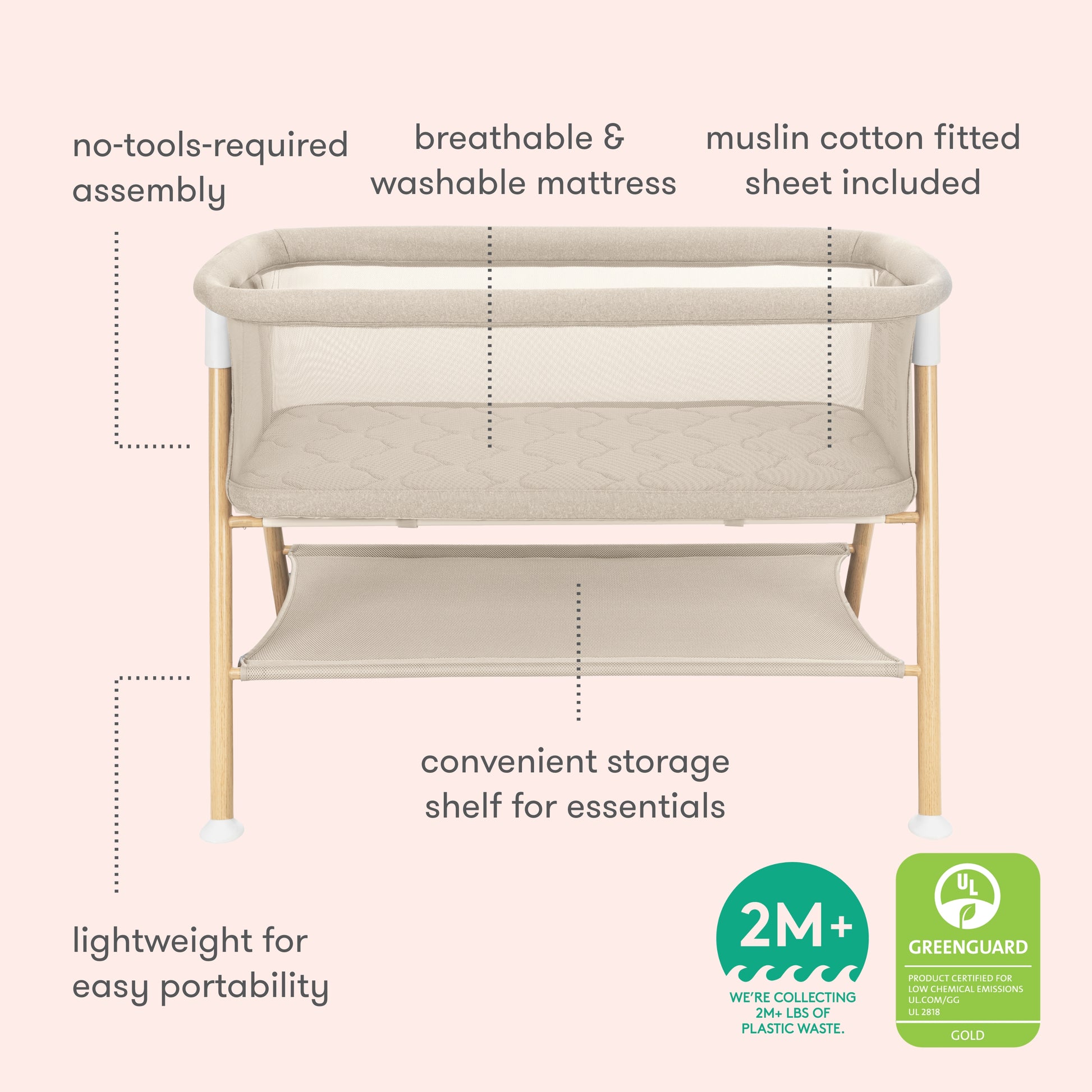 The Newton Baby Essential Bassinet features breathable mesh sides, a washable breathe-thru mattress, muslin cotton fitted sheet, storage shelf, lightweight frame, no-tools assembly, and GREENGUARD certification. For babies 2+ months.