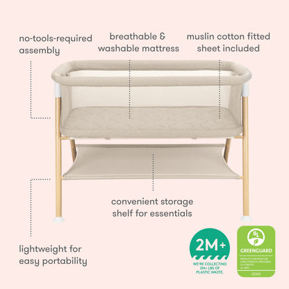 The Newton Baby Essential Bassinet features breathable mesh sides, a washable breathe-thru mattress, muslin cotton fitted sheet, storage shelf, lightweight frame, no-tools assembly, and GREENGUARD certification. For babies 2+ months.
