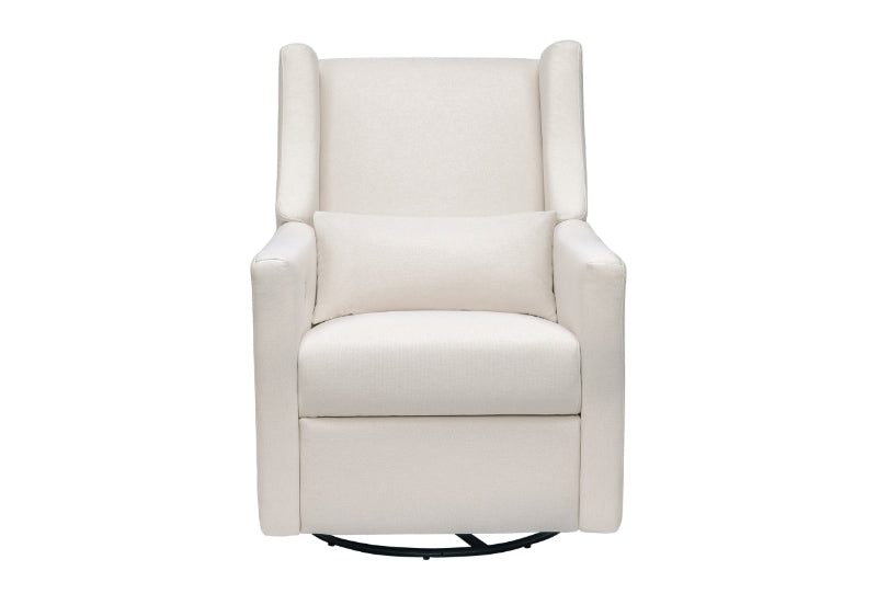 Modern beige nursery glider chair isolated on a white background.