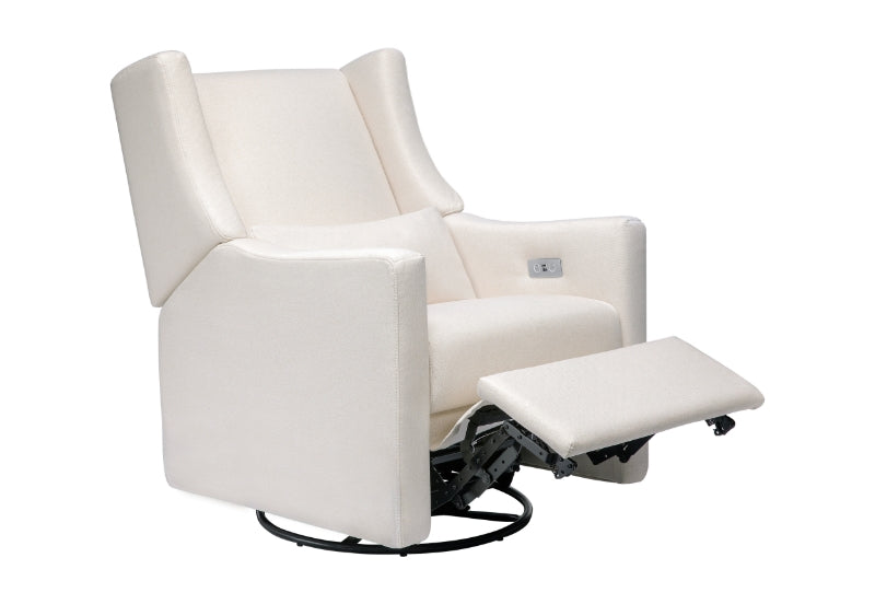 Cream-colored glider chair with matching ottoman, extended footrest, and built-in controls on the side.