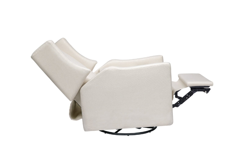 Comfortable beige nursery rocking chair with an attached footrest, isolated on a white background.