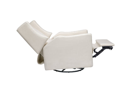 Comfortable beige nursery rocking chair with an attached footrest, isolated on a white background.
