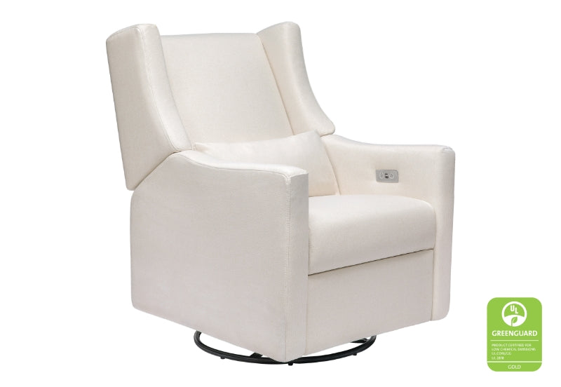 Modern white glider chair with a swivel base, featuring a visible recline lever and a Greenguard certification badge.