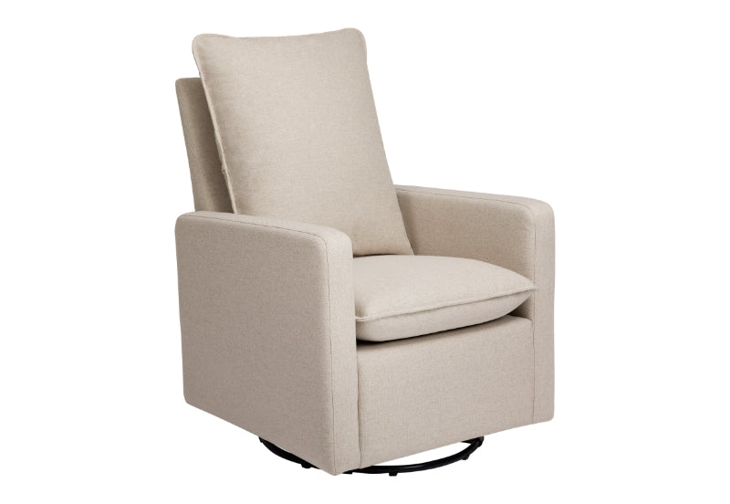Beige upholstered nursery glider chair with a sleek design and cushioned seat, isolated on a white background. 999-8604-WHT
