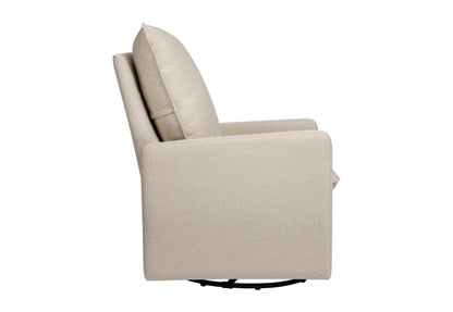 Beige upholstered nursery chair on a white background.