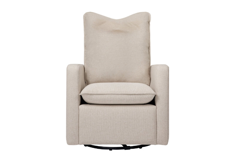 Beige upholstered chair with a plush back cushion and padded armrests, displayed on a white background.