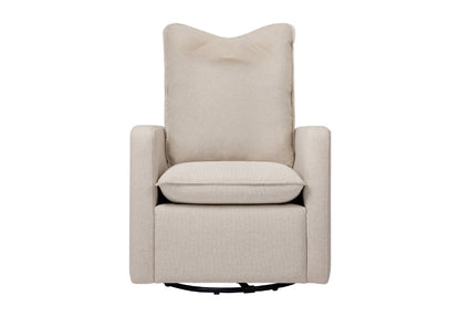 Beige upholstered chair with a plush back cushion and padded armrests, displayed on a white background.