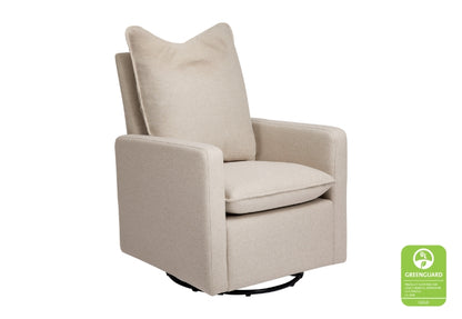 Beige upholstered chair with a high back and thick cushions, featuring a GREENGUARD Gold certification badge in the bottom right corner.