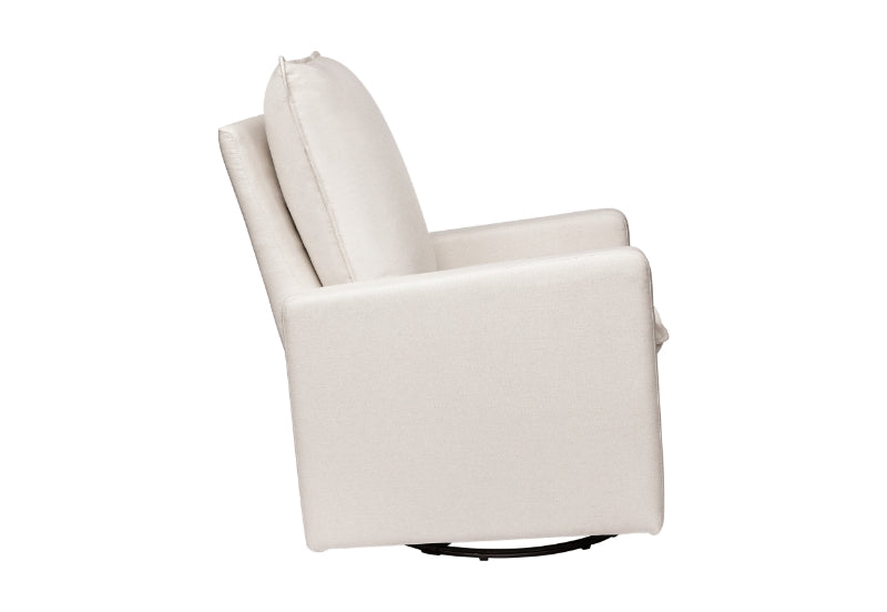 A modern ivory swivel glider chair on a white background, perfect for nursery rooms.