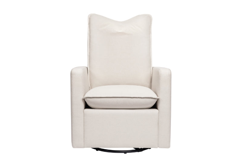 Front view of a modern beige nursery swivel glider chair on a white background.