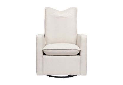 Front view of a modern beige nursery swivel glider chair on a white background.