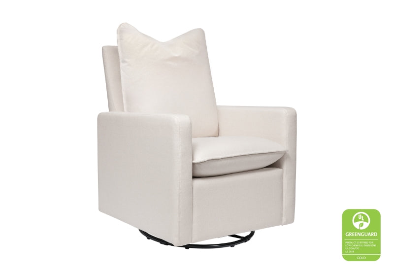Cream-colored nursery swivel chair with a GreenGuard Gold certification label.