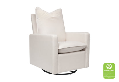 Cream-colored nursery swivel chair with a GreenGuard Gold certification label.