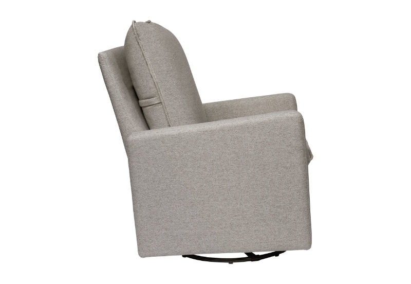 Gray upholstered nursery glider chair on a swivel base, viewed from the side.